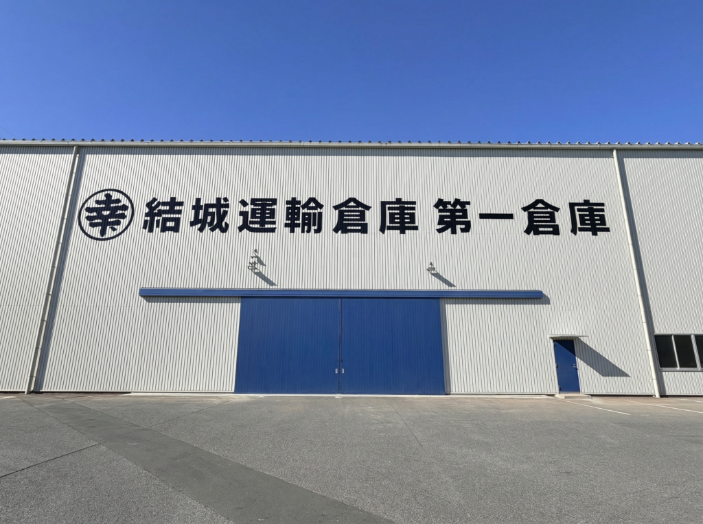 リニューアル後の第一倉庫
正面の写真
白地の壁で中央に青いスライド式の両開きの扉がある